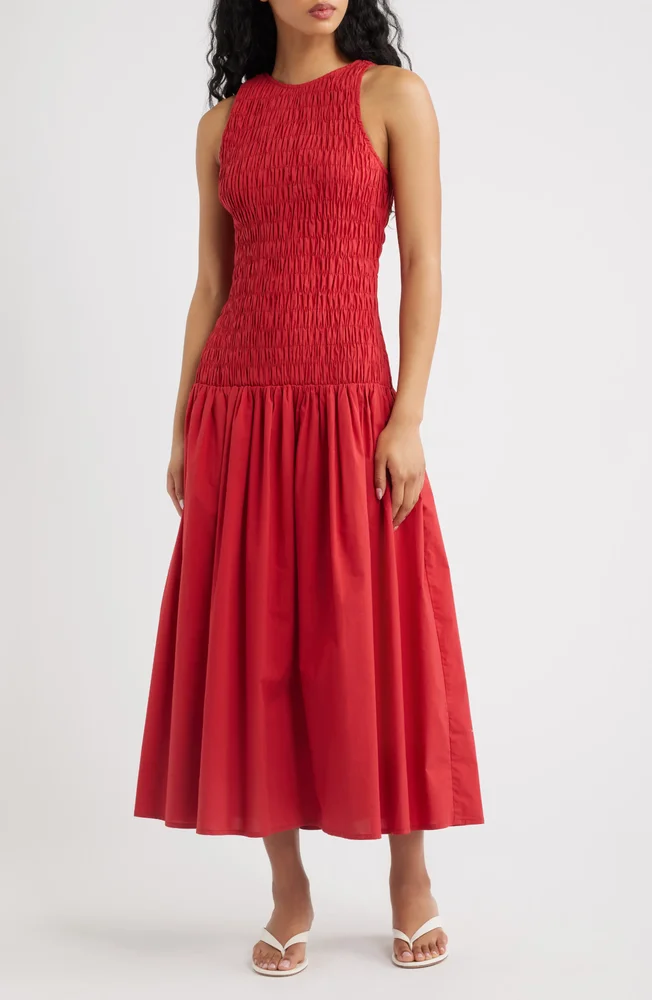 Sanchia Shirred Drop Waist Midi Dress