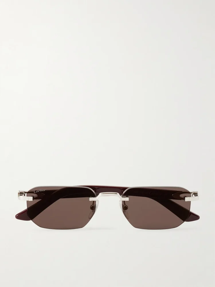 Signature C rimless rectangular-frame silver-tone and acetate sunglasses