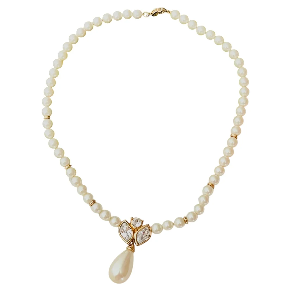 Pre-Owned Vintage Gold White Pearls Crystals Water Drop Necklace