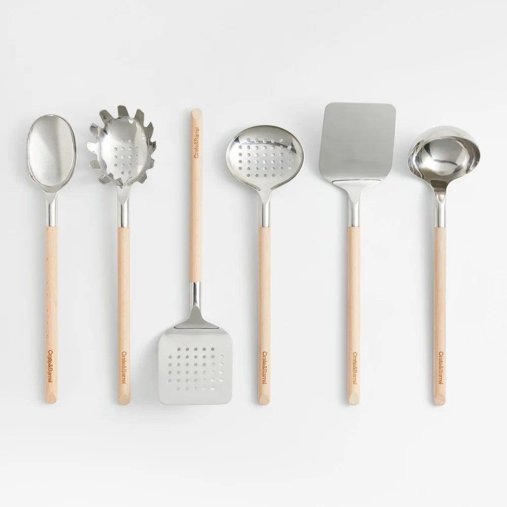 Beechwood and Stainless Steel Utensils, Set of 6