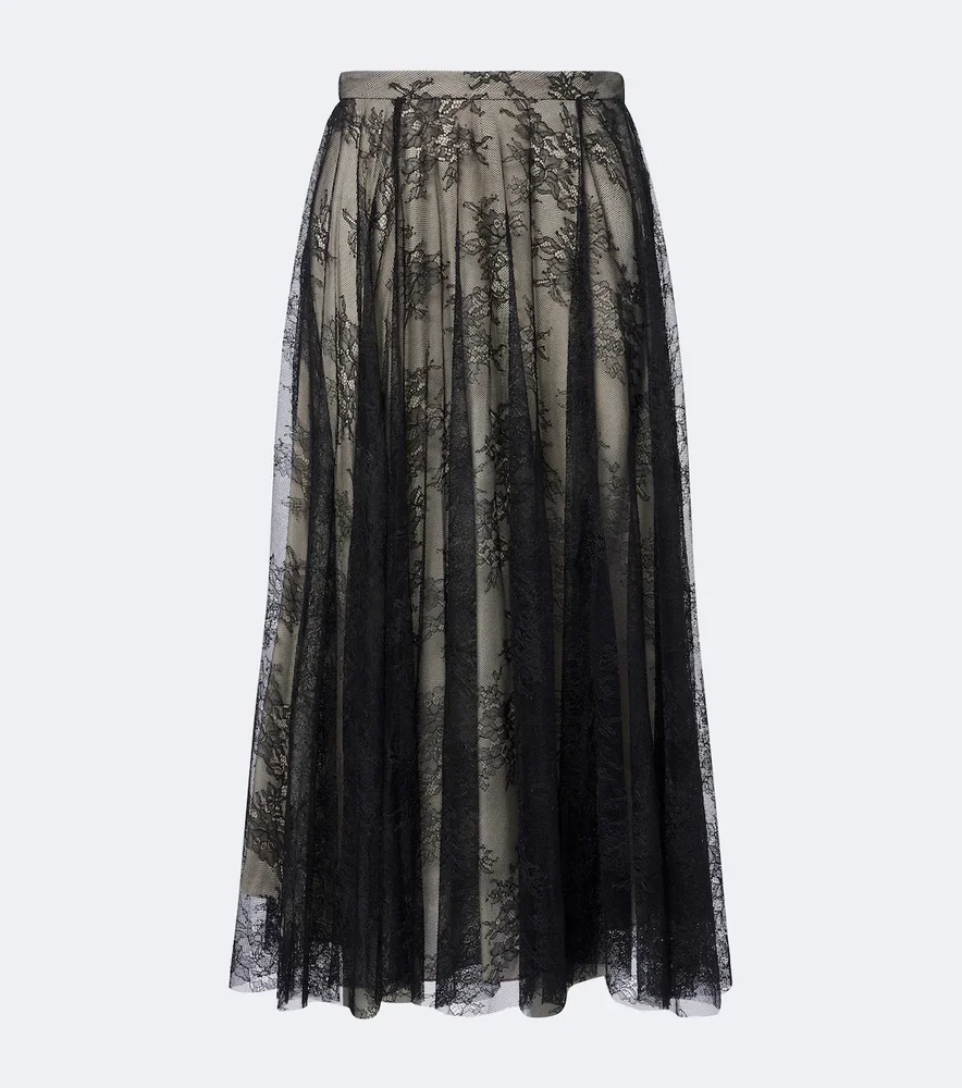 Pleated floral lace midi skirt