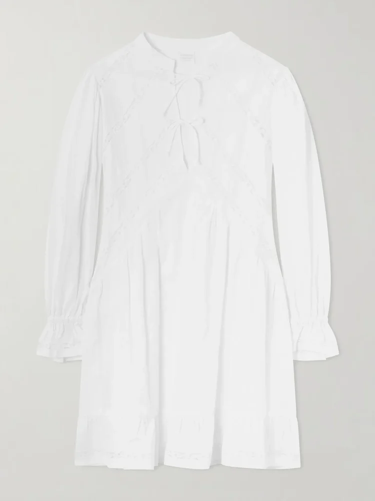 Recanati ruffled pleated lace-trimmed cotton mini dress