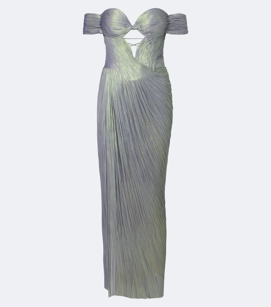 Edena pleated off-shoulder silk bustier gown