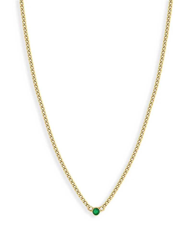 14K Yellow Gold Emerald Solitaire Chain Choker Necklace, 14-16"
