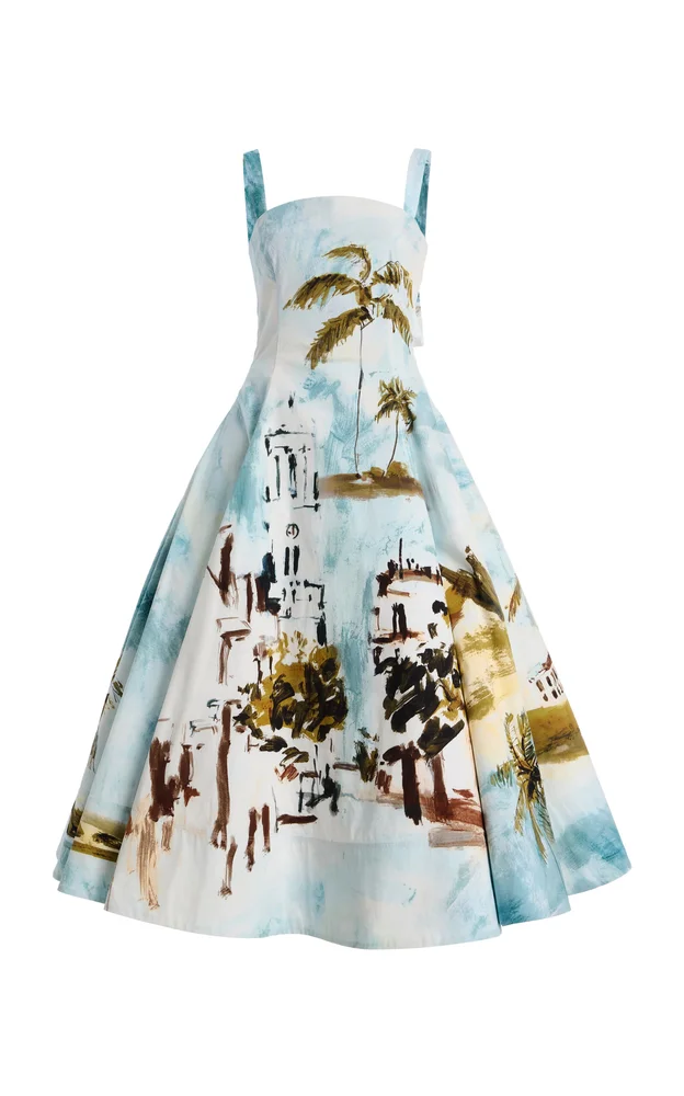 Printed Stretch Cotton-Poplin Midi Dress
