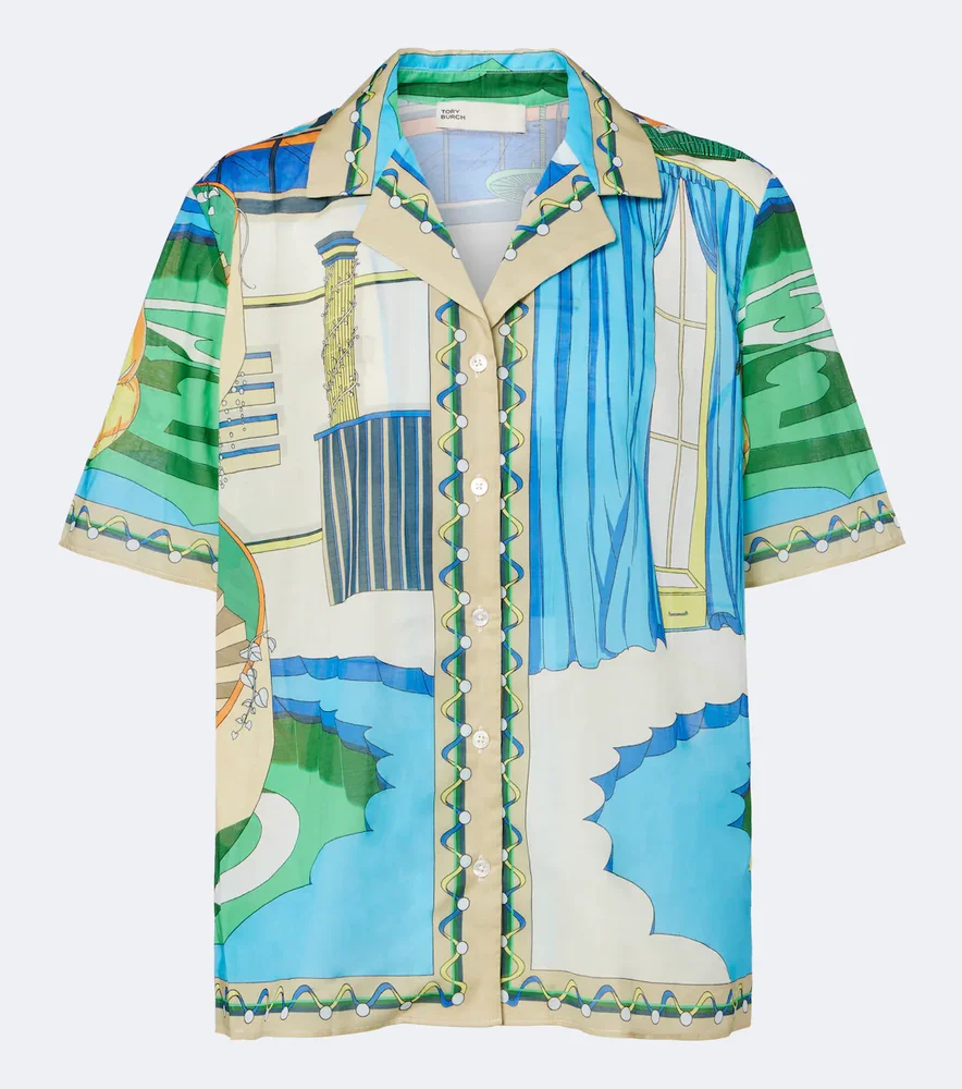 Printed cotton poplin bowling shirt
