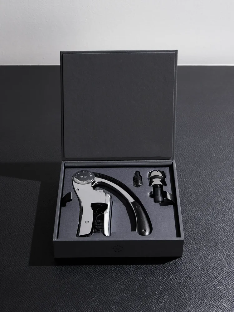 Up & Down Silver-Tone and Leather Corkscrew and Champagne Stopper Set