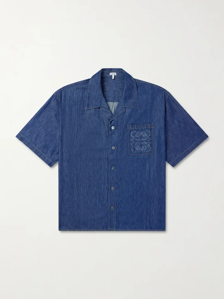 Camp-Collar Anagram-Detail Denim Shirt