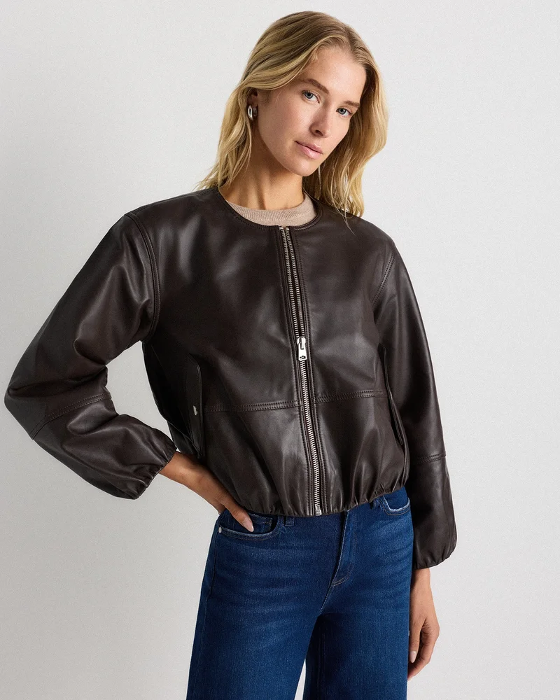 100% Leather Cropped Collarless Jacket
