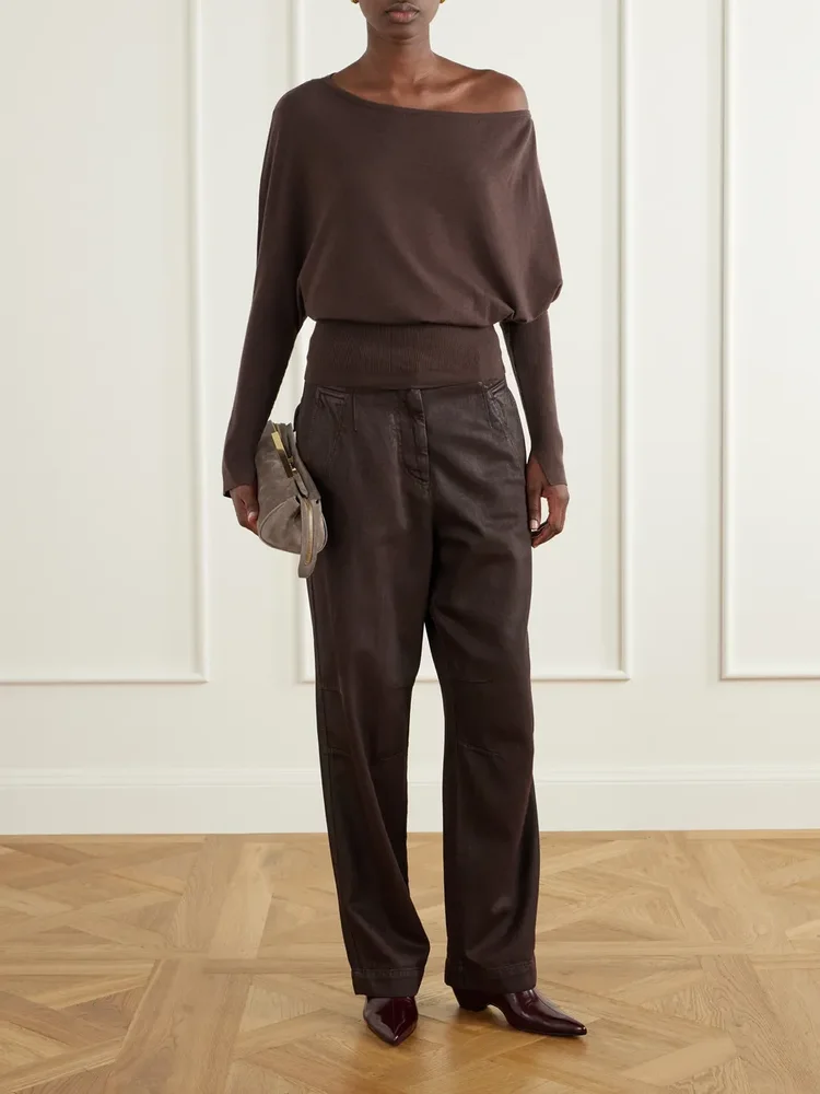 Lavina off-the-shoulder ribbed-detailed wool-blend sweater