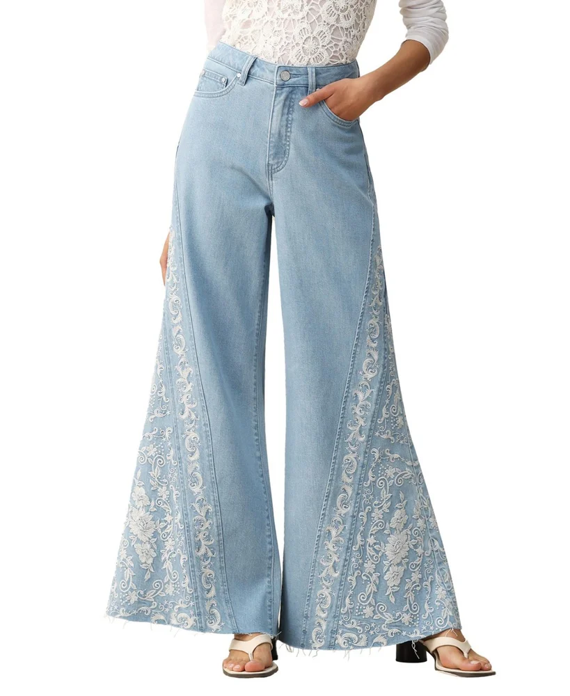 High Rise Flare Jeans Botanical Embroidery with Raw Hem in Light Blue Wash