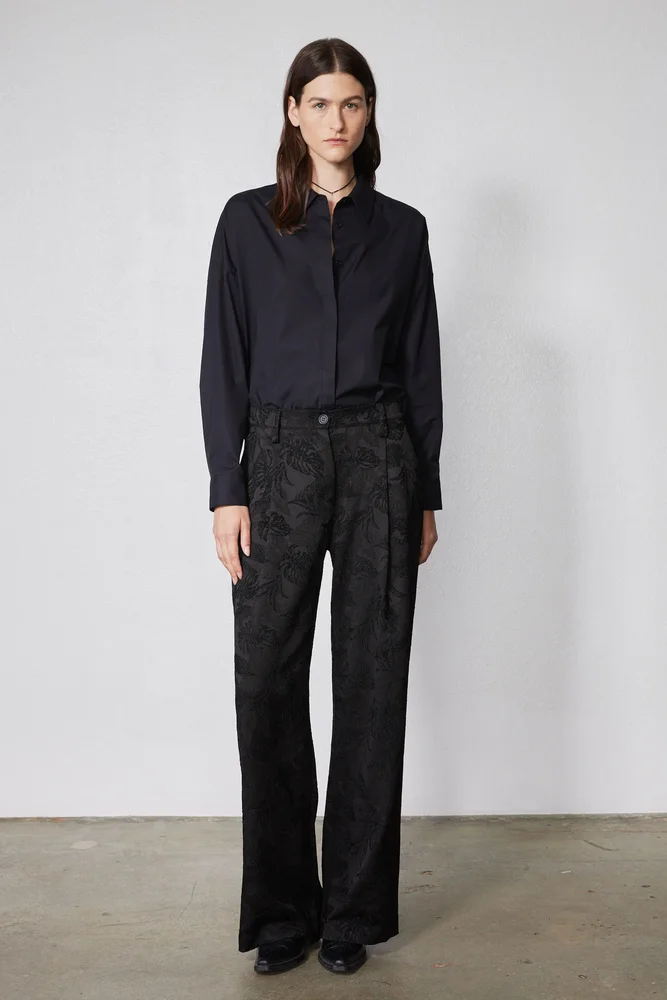 Wide Leg Pleat Jacquard Pants, Black