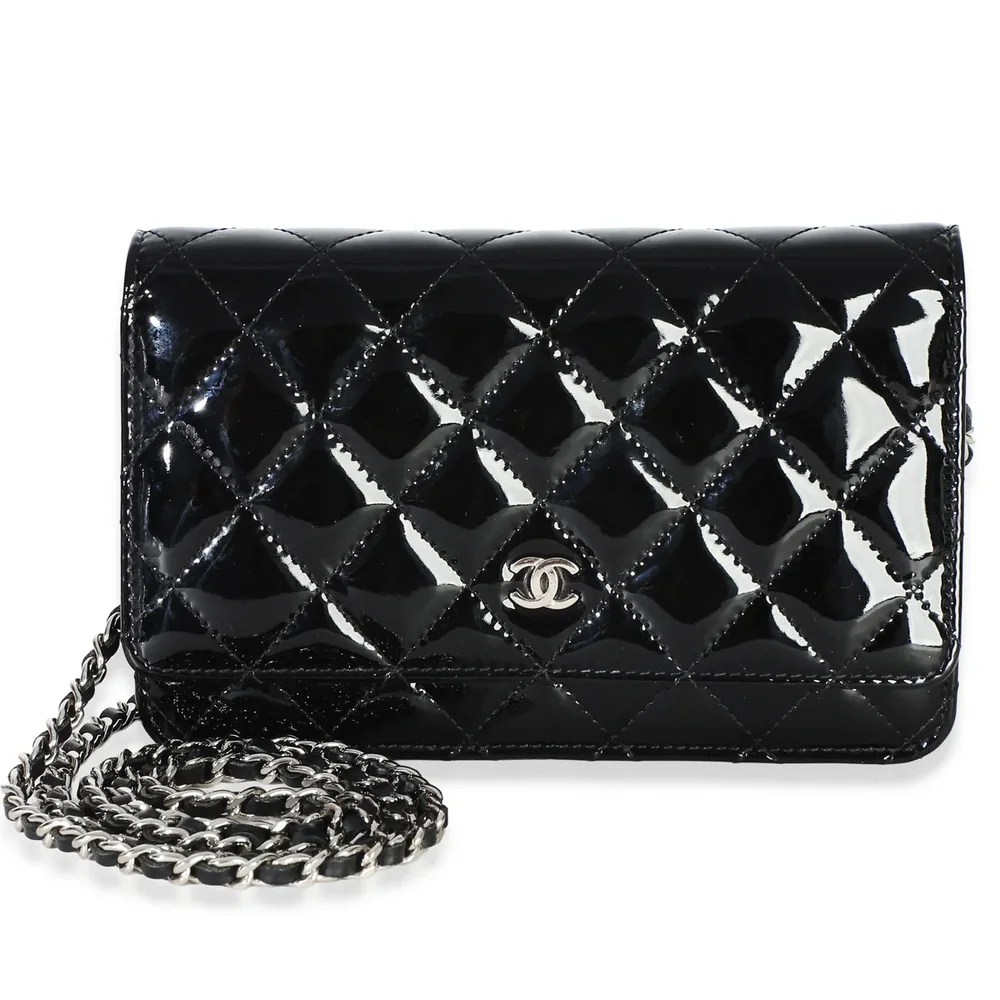 Chanel Black Quilted Patent Classic Wallet On Chain