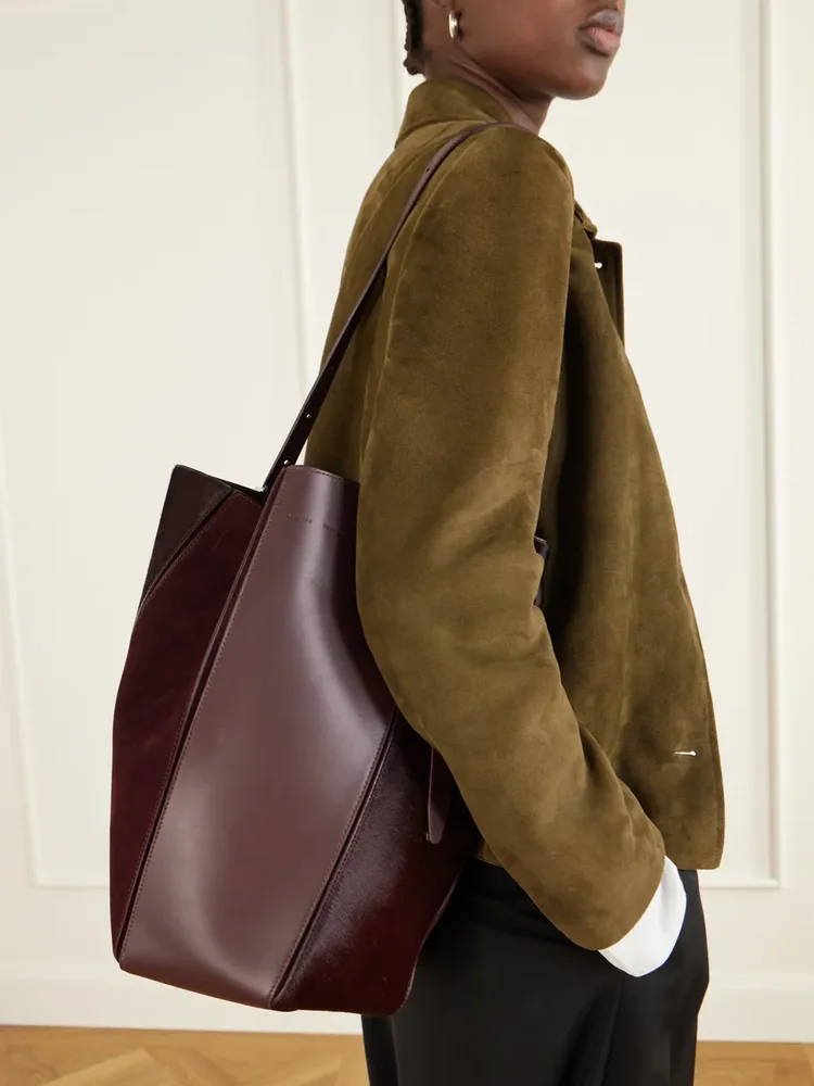 Hex leather, suede and calf-hair shoulder bag