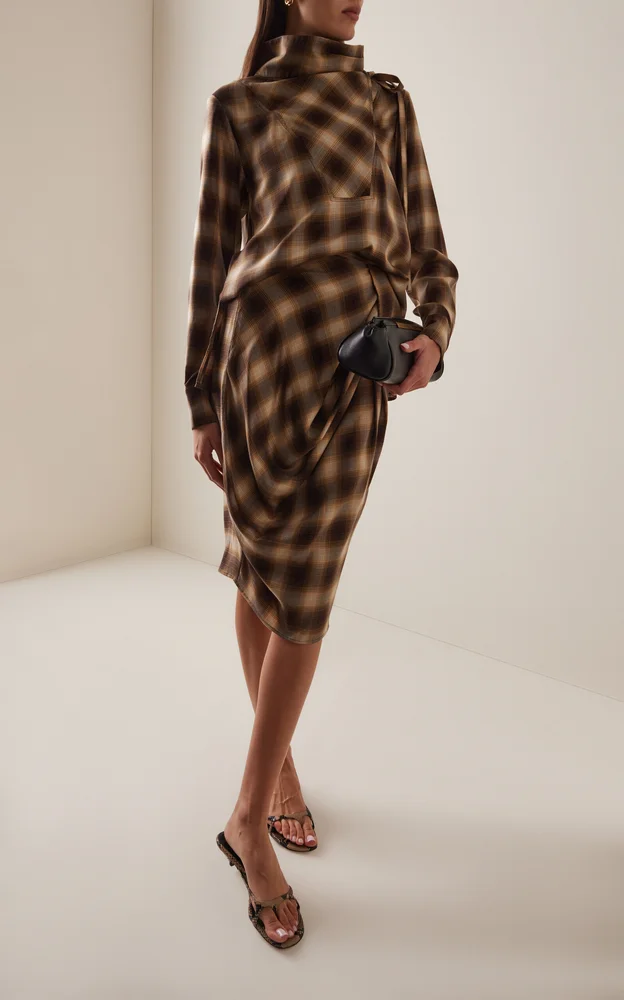 Draped Tencel Plaid Skirt