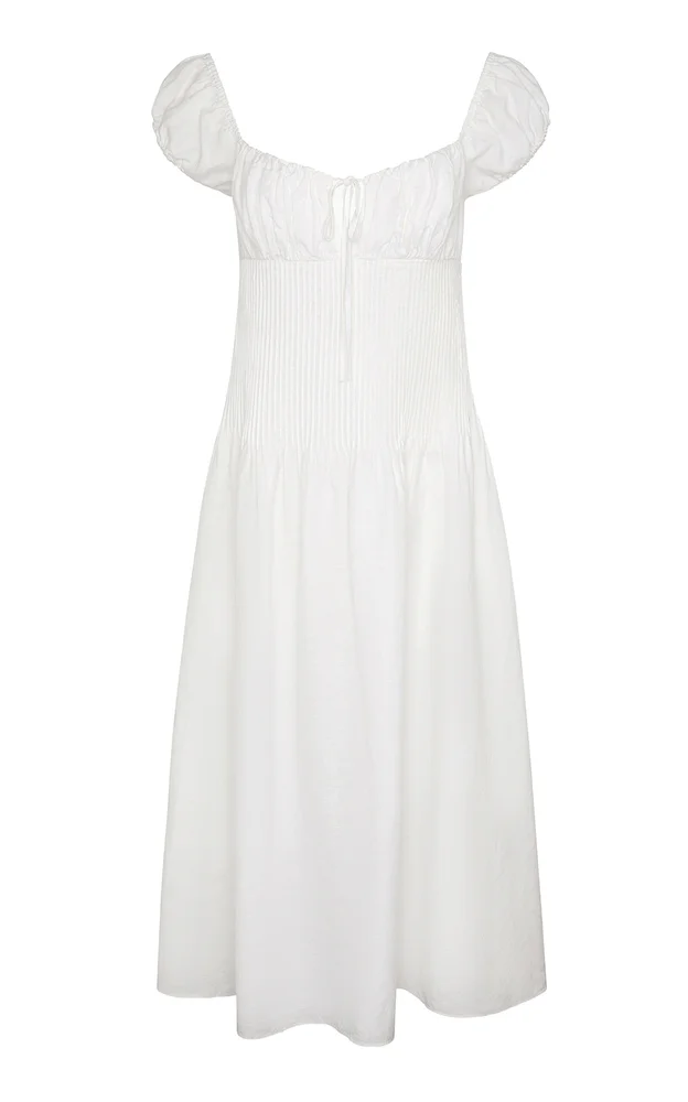 Off Shoulder Linen-Blend Midi Dress