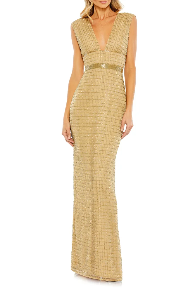 Beaded Cap Sleeve V Neck Column Gown