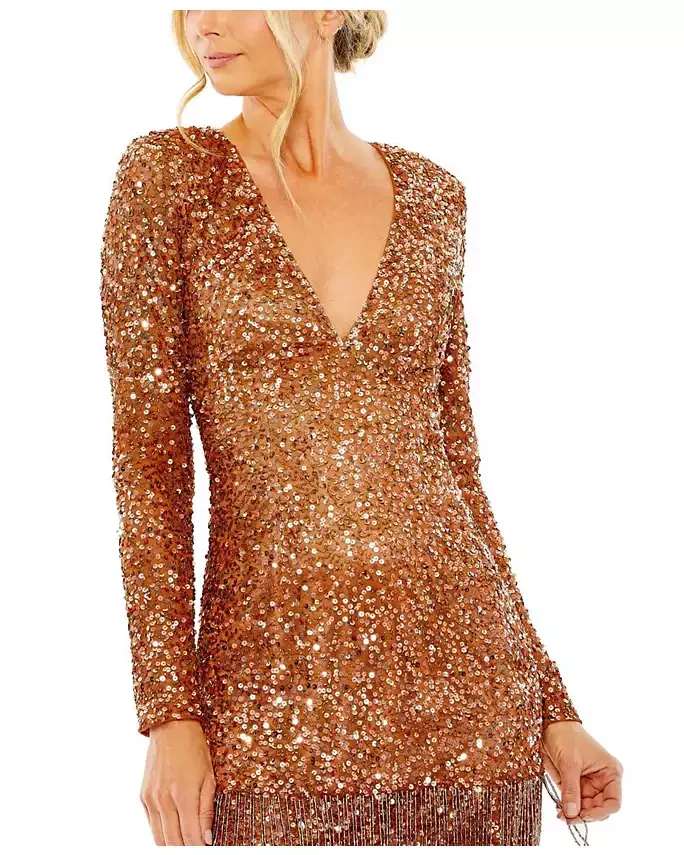V Neck Long Sleeve Sequin Dress with Fringe Detail