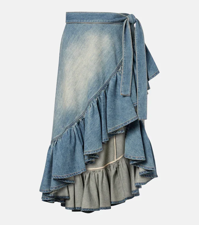 Ruffled denim wrap skirt