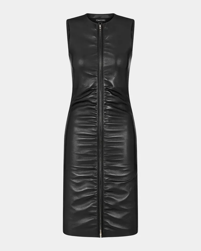 Sleeveless Ruched Zipper Leather Dress