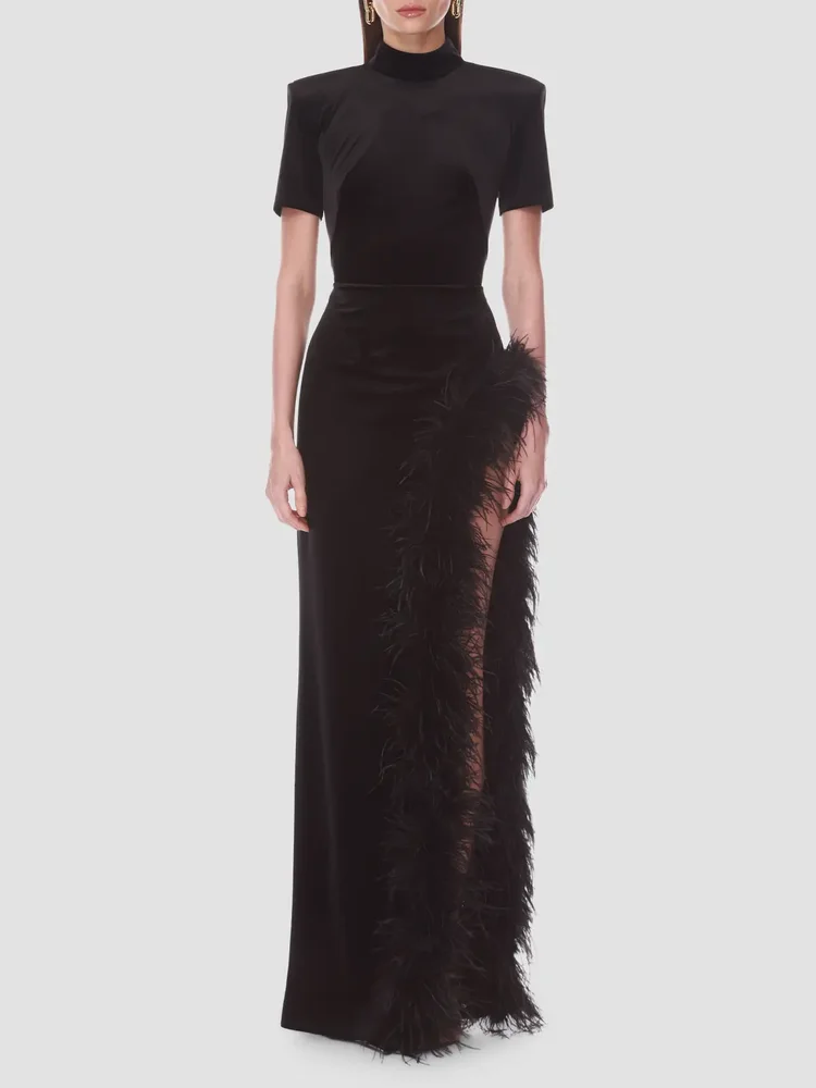 Velvet Feather Trim Slit Gown