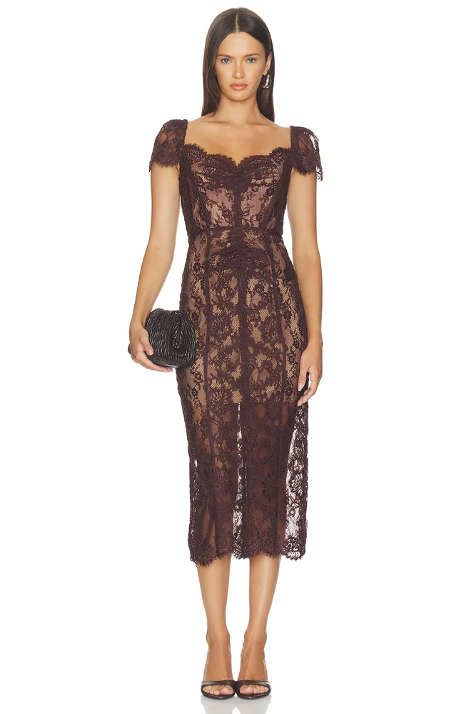 Brown Floral Lace Midi Dress