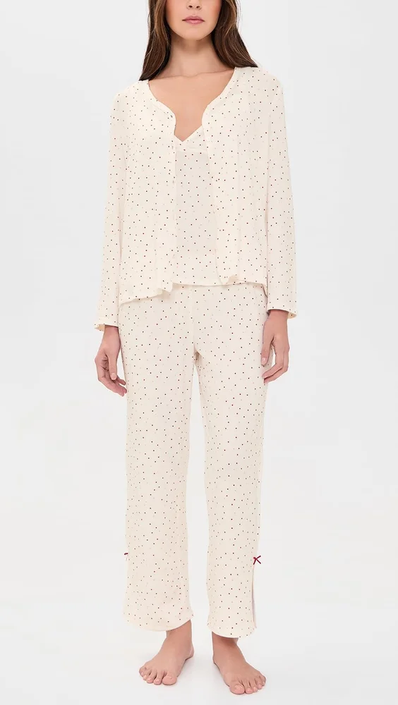 Printed Knit Cardigan Pajama Set With Bows