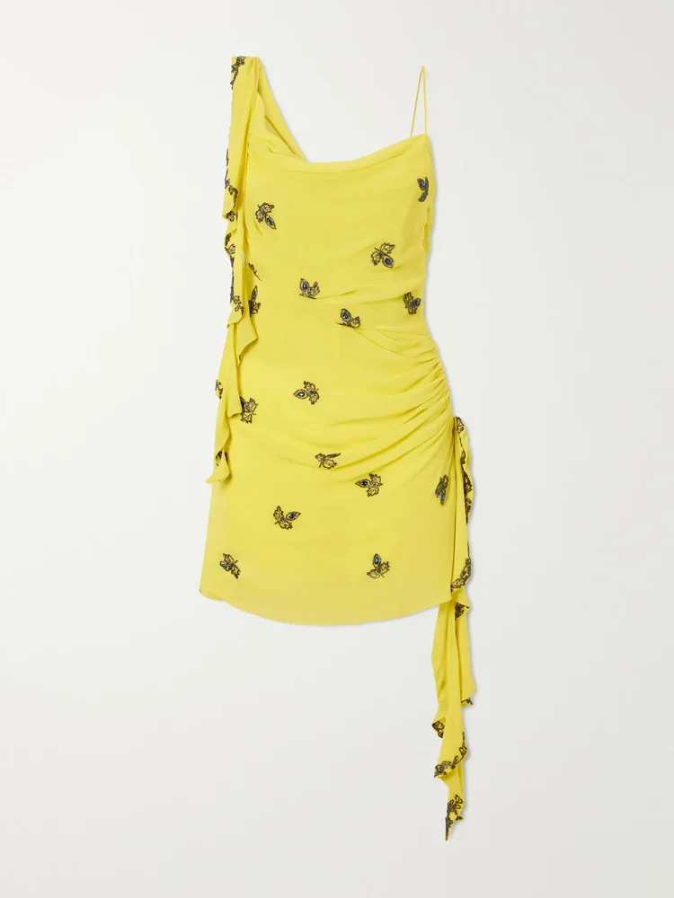 Isola asymmetric gathered embellished chiffon mini dress