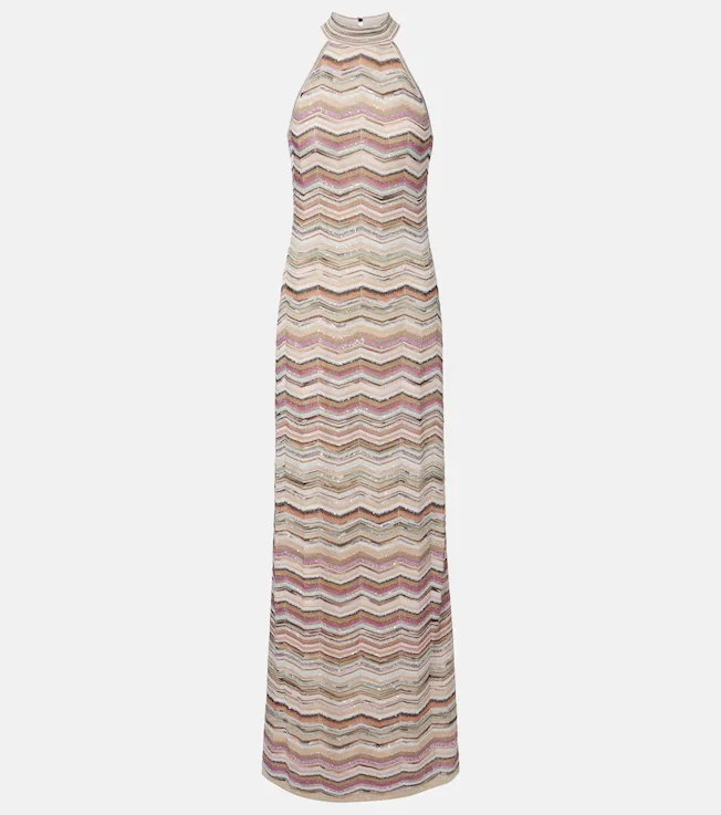 Zigzag halterneck sequined lamé maxi dress