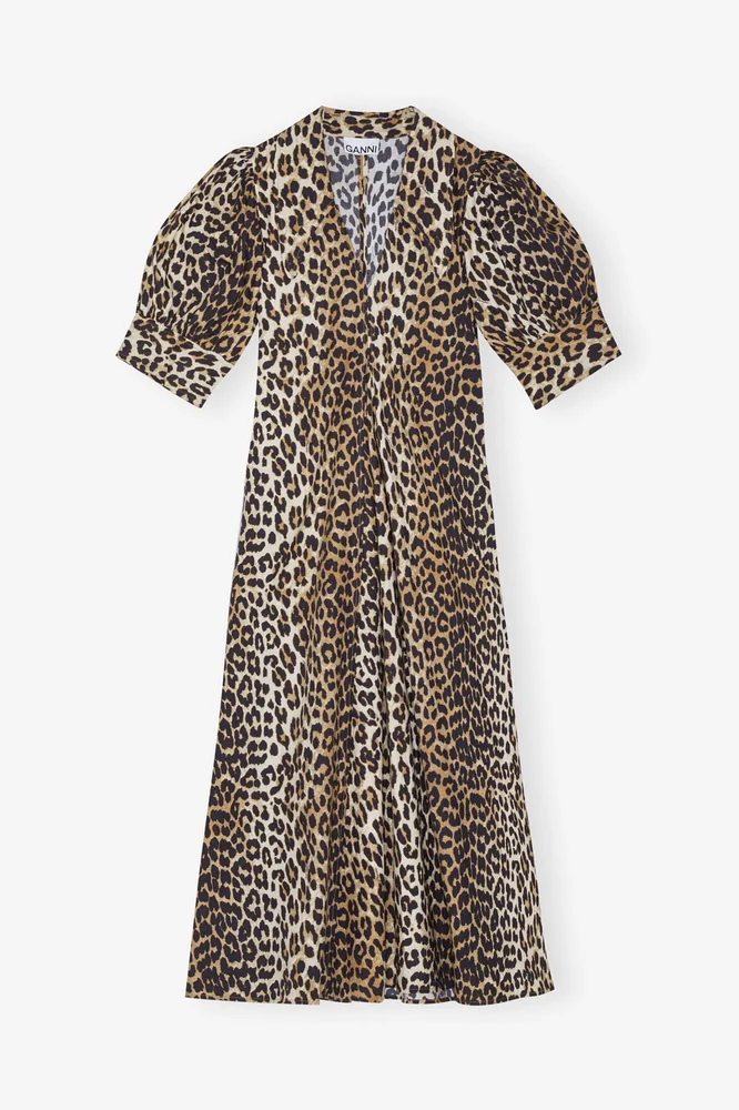 Leopard Cotton Poplin V-neck Maxi Dress