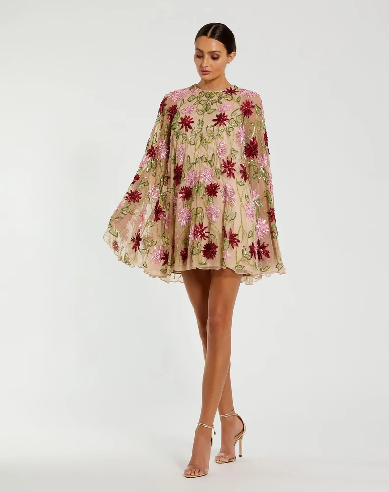 Beige Floral Embellished Cape Mini Dress