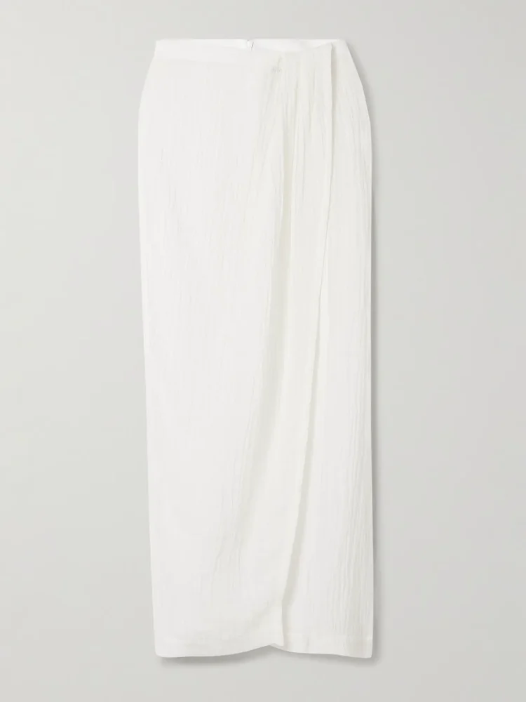 Pleated crinkled linen-blend gauze pareo