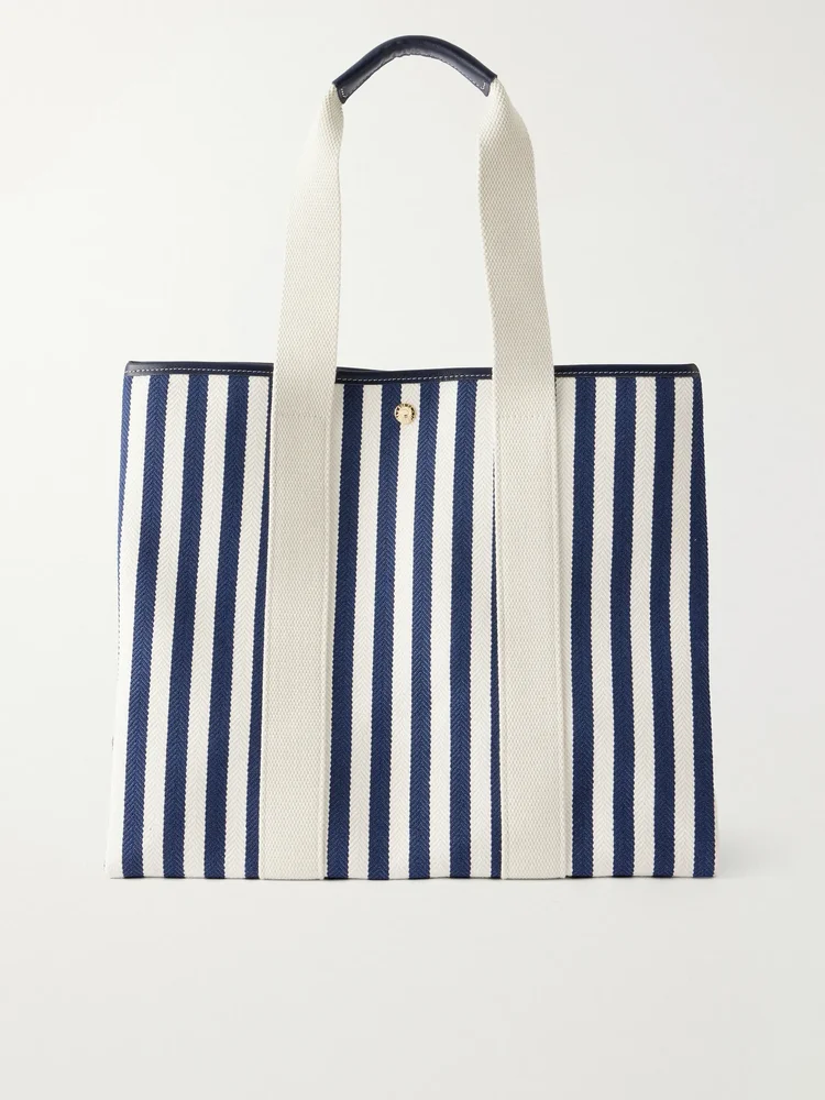 Traversée large leather and webbing-trimmed striped canvas tote