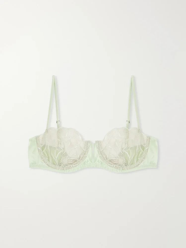 Calla Lily floral-embroidered mesh and satin balconette bra