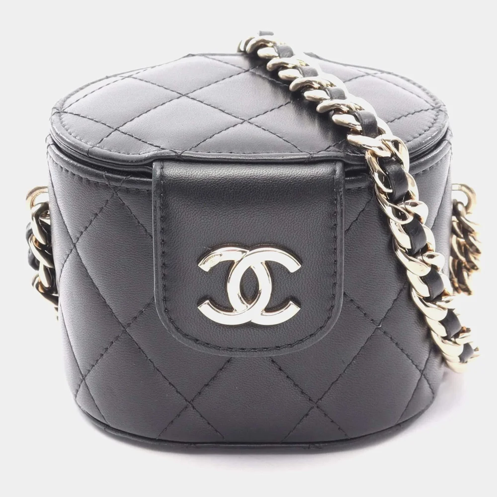 Elegant Chain Mini Black Lambskin Leather Vanity Shoulder Bag
