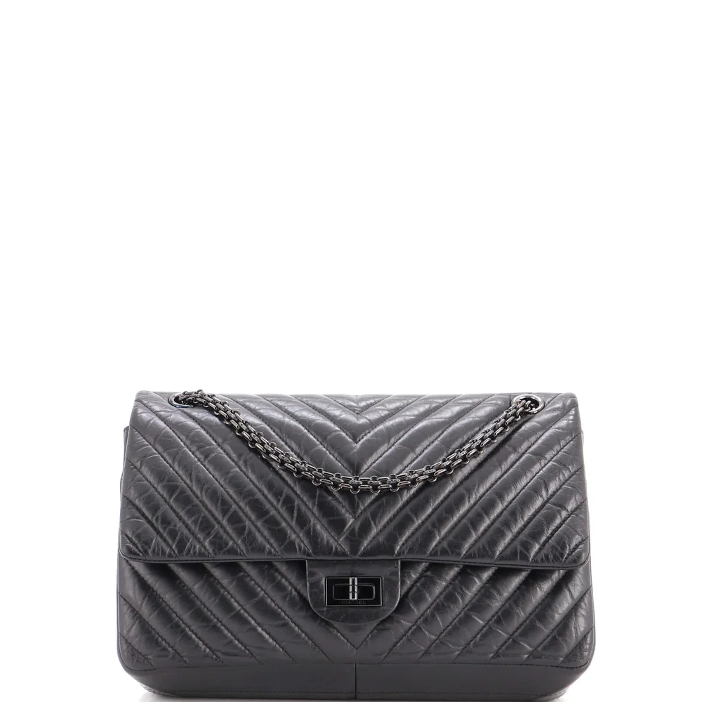 Pre-Owned Chanel So Black Reissue 2.55 Flap Bag Chevron Aged Calfskin 226