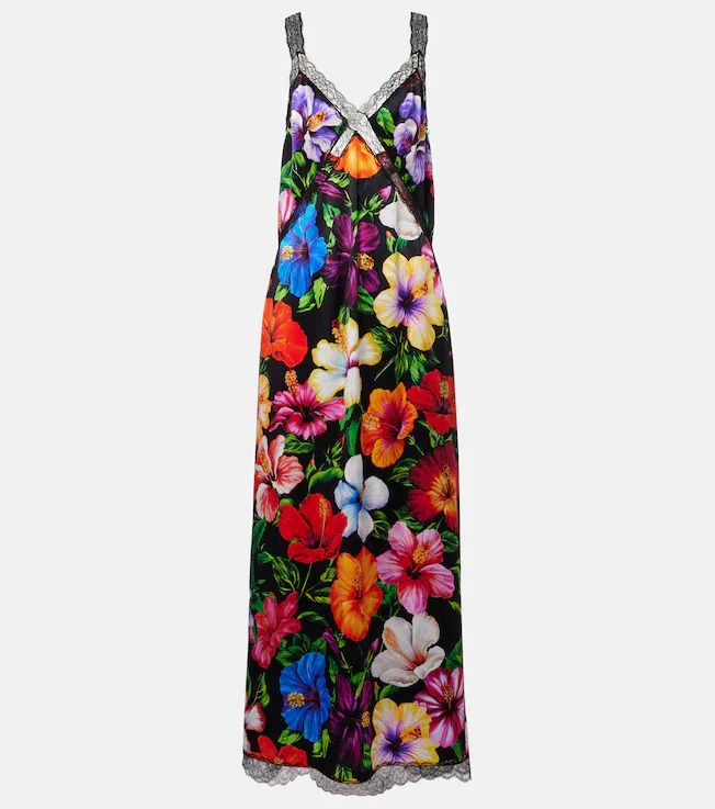 Lace-trimmed floral silk-blend maxi dress