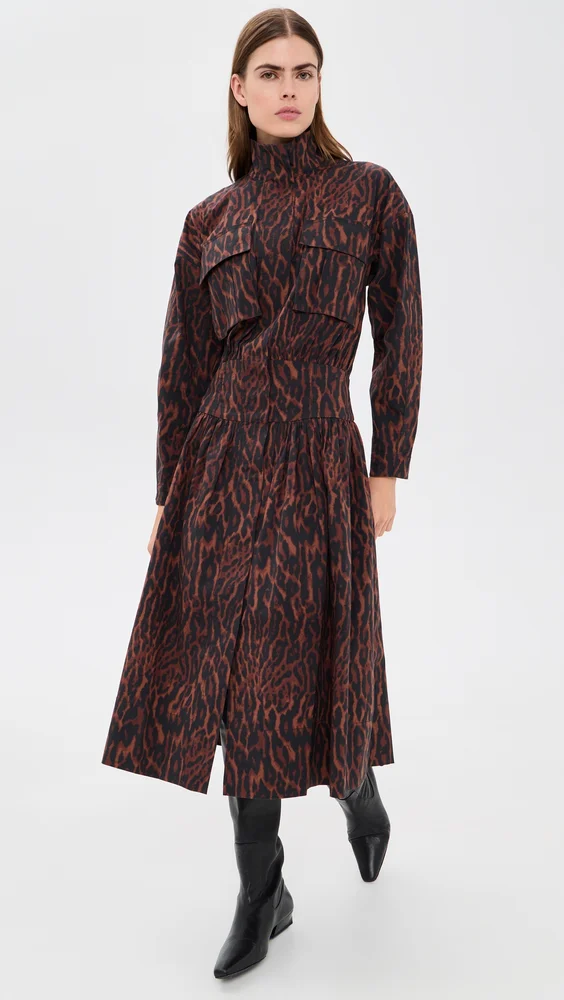 Printed Stretch Cotton Long Utility Dress