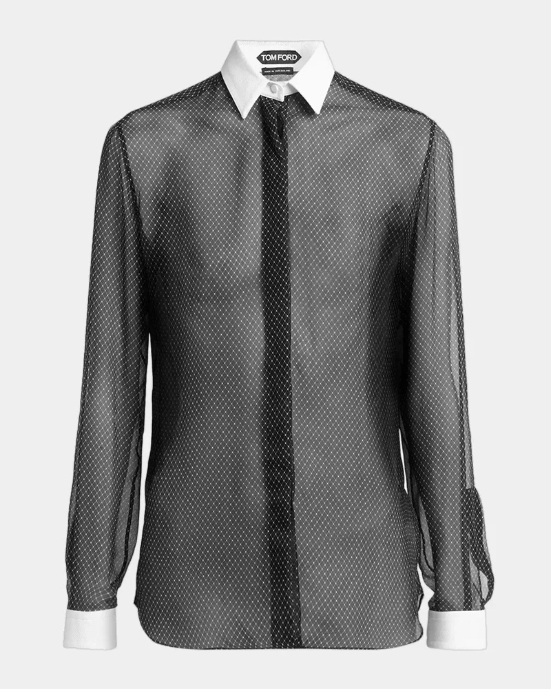 Net-Print Losange Silk Chiffon Button-Down Shirt