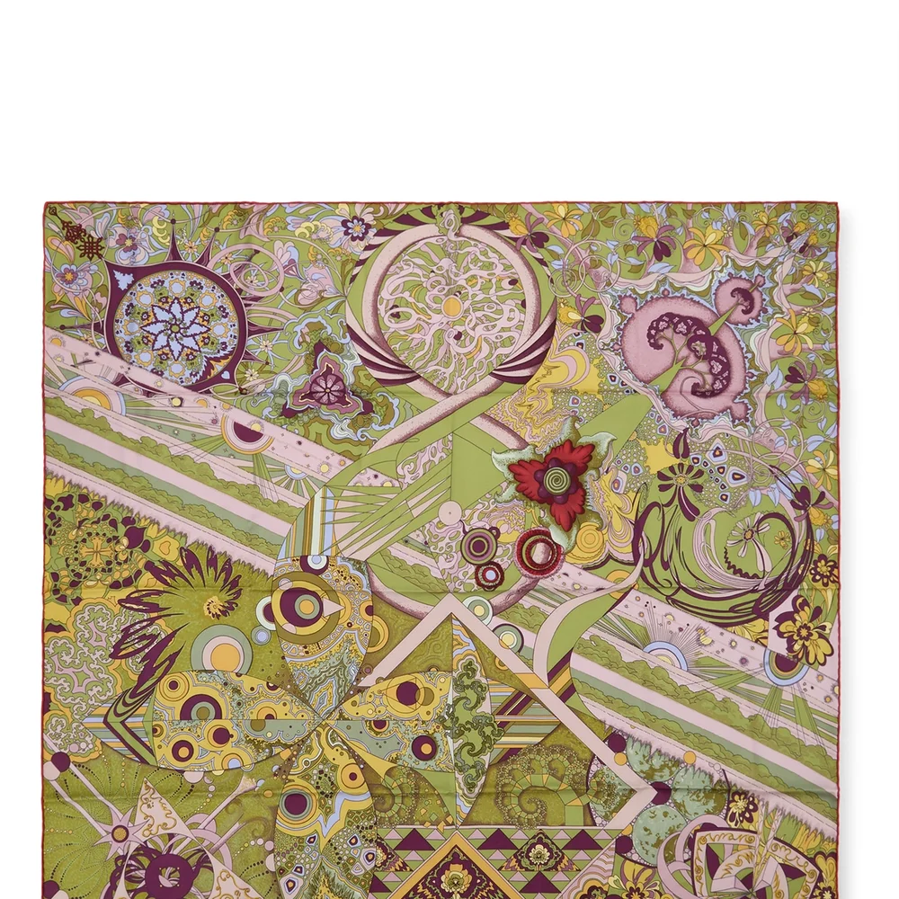 Green & Multicolor 'L'Ivresse de l'Infini' Silk Scarf 90