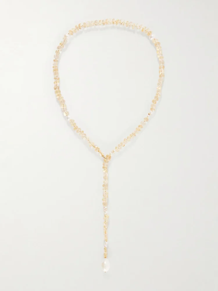 Solstice Sautoir 14-karat gold, pearl and citrine beaded necklace