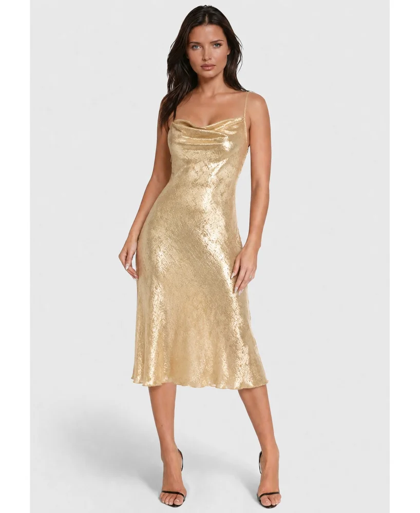 Foil Finish Cowl Neck Midi Slip Dress