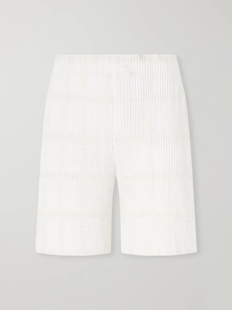 Straight-Leg Pleated Lace Grid Mesh Shorts
