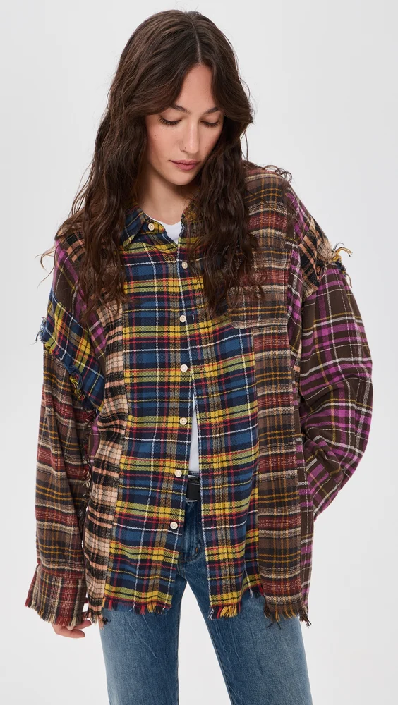 Spliced Drop Neck Button Down Shirt