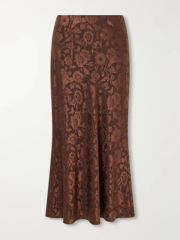 Clover floral-jacquard silk-blend satin midi skirt
