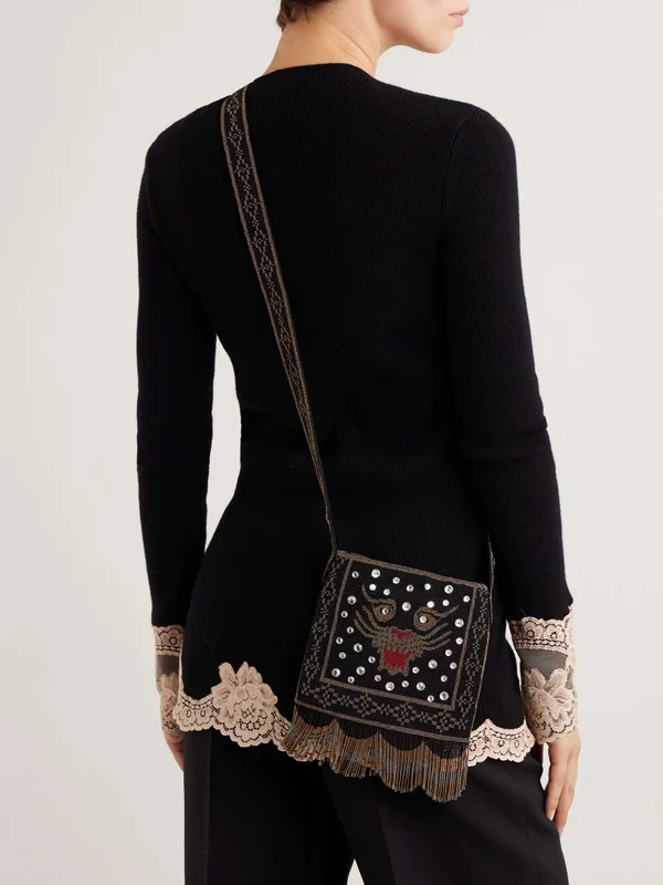 Fringed beaded satin shoulder bag