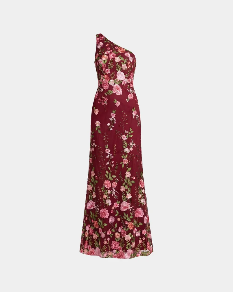 One-Shoulder Floral Embroidered Gown