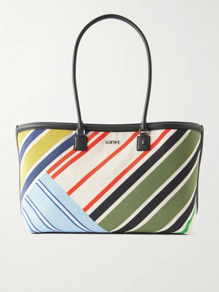 Verano logo-embroidered striped leather-trimmed canvas tote