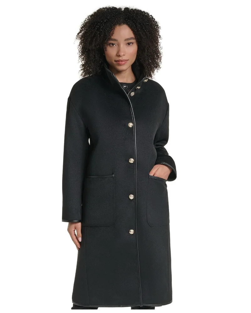 Wool-Blend Faux-Leather Trimmed Funnel Neck Long Coat