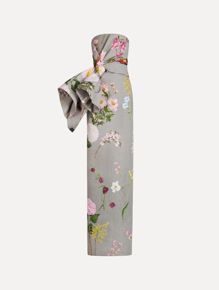 Oscar de la Renta Mixed Botanical Drape-Detailed Faille Gown